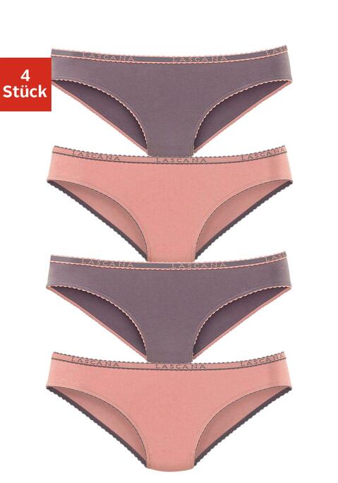 Bild: Slip von LASCANA: Bequeme Slips im praktischen 4er-Pack von Lascana. Weiches Logobündchen und Beinausschnitte mit kontrastfarbener Muschelborte. Aus trageangenehmer, elastischer Baumwolle.