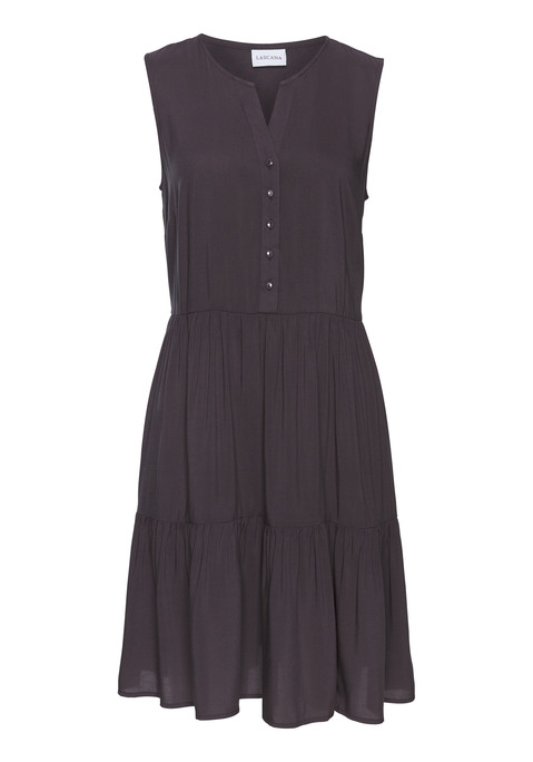 Bild: Sommerkleid von LASCANA: Kleid von Lascana. Rundhalsausschnitt mit tief angesetzter, halblanger Knopfleiste. Breite Träger. Knielanger Rockteil in Stufenoptik. Ausgestellte Saumweite. Webware aus Viskose.
