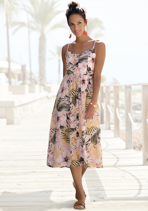 Bild: Sommerkleid von LASCANA: Sommerkleid von Lascana. V-Ausschnitt. Verstellbare Spaghettiträger. Zierknopfleiste vorne. Smokeinsatz im Rücken für einen tollen Sitz. Weiche Webware mit Leinen. Aus 58% Viskose, 28% Baumwolle, 14% Leinen