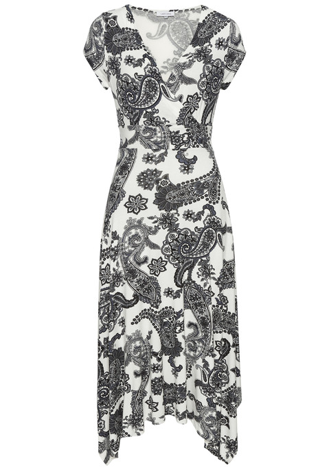 Bild: Sommerkleid von LASCANA: Strandkleid mit Alloverprint von Lascana. Überlappender V-Ausschnitt. Weit schwingender Rockteil in Zipfelform mit fixierten Bändern zum Binden seitlich am Saum. Breiter Einsatz unter der Brust. Kurze Ärmel. Softe Viskosequalität.