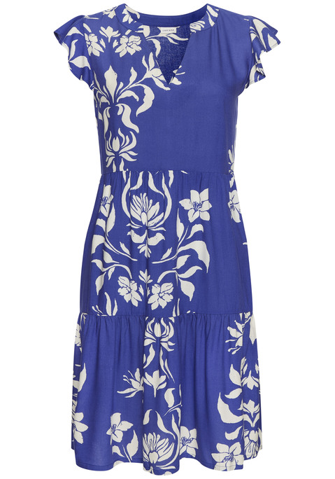 Bild: Sommerkleid von LASCANA: Kleid von Lascana. Floraler Alloverprint, jedes Teil ein Unikat. Tunikaausschnitt. Kurze Volantärmel. Leicht ausgestellte Passform mit Volantbesatz am Rock. Gewebte, fließende Viskose.