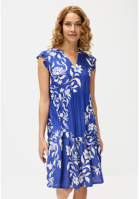 Bild: Sommerkleid von LASCANA: Kleid von Lascana. Floraler Alloverprint, jedes Teil ein Unikat. Tunikaausschnitt. Kurze Volantärmel. Leicht ausgestellte Passform mit Volantbesatz am Rock. Gewebte, fließende Viskose.