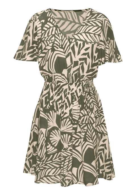 Bild: Sommerkleid von LASCANA: Allover-bedrucktes Kleid von Lascana - jedes Teil ein Unikat. Mit V-Ausschnitt und modischen, kurzen Flügelärmeln. Gummizug in der Taille für eine schlanke Silhouette. Luftige Qualität aus Viskose.