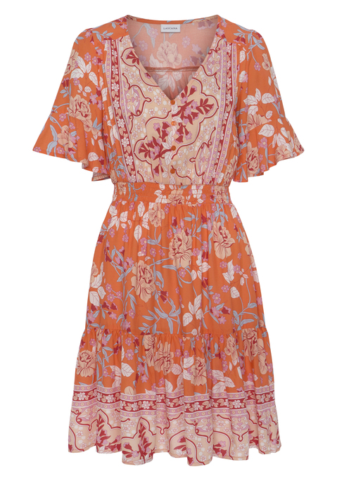 Bild: Sommerkleid von LASCANA: Kurzes Sommerkleid mit besonderem Printmix. Tiefer V-Ausschnitt. Weite, kurze Ärmel. Smokeinsatz in der Taille. Aus softer Webware.