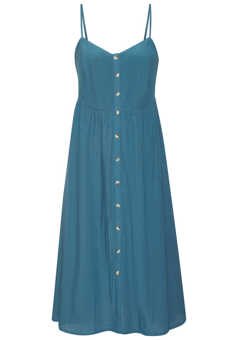 Bild: Sommerkleid von LASCANA: Kleid von Lascana mit Zierknopfleiste vorn. Verstellbare Spaghettiträger. Smokeinsatz im Rücken. Rockteil in aktueller Midi-Länge bis zur Wade. Rocklänge ca. 82 cm. Leichte uns softe Qualität aus 58% Viskose, 28% Baumwolle (unterstützt Cotton made in Africa), 14% Leinen.