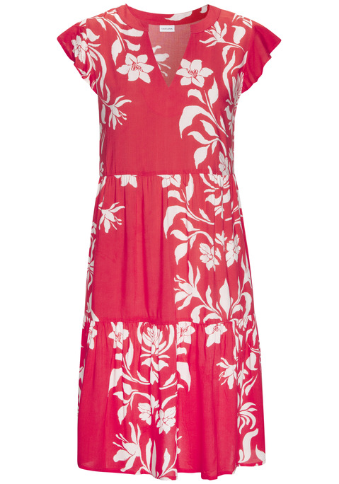 Bild: Sommerkleid von LASCANA: Mit Alloverprint: Kleid von Lascana. V-Ausschnitt und kurze Volantärmel. Leicht ausgestellte Passform mit modischen Volants.  Schön für warme Tage. Fließende Viskose-Webware.