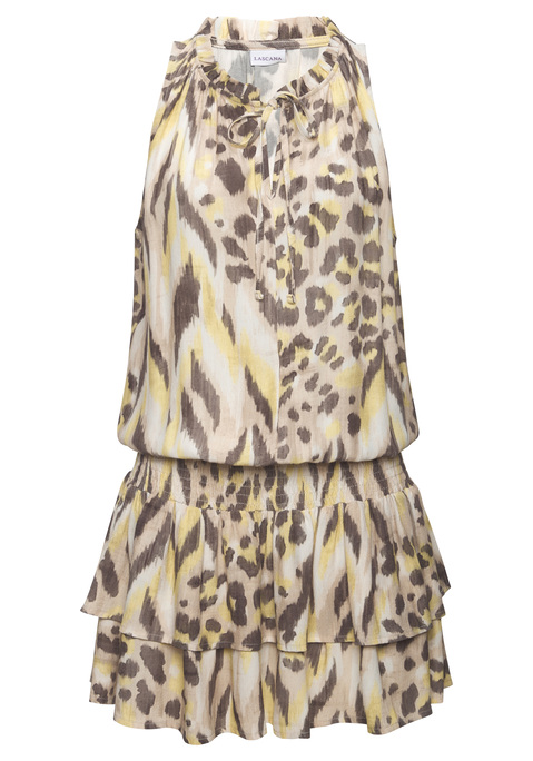 Bild: Sommerkleid von LASCANA: Ärmelloses, kurzes Sommerkleid von Lascana mit schönem Print. Toller Ausschnitt mit Rüschenkante und Bindeband. Breites Smokbündchen auf Hüfthöhe. Schwingender Rockteil mit Volant. Leicht strukturierte Webware.