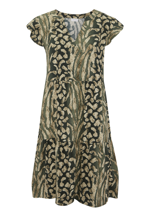 Bild: Sommerkleid von LASCANA: Druckkleid von Lascana. Mit Alloverprint im Animal-Look. V-Ausschnitt. Flügelärmel. Leicht ausgestellte Passform mit Rock im Stufendesign. Trageangenehme Qualität.