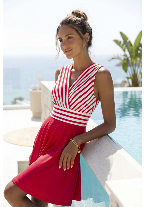 Bild: Sommerkleid von LASCANA: Maritimes Strandkleid von Lascana mit Oberteil in Wickeloptik. Überlappender V-Ausschnitt vorn und hinten. Ausgestellter Rockteil. Oberteil bedruckt, Rockteil unifarben. Bügelfreie Single-Jersey-Qualität.