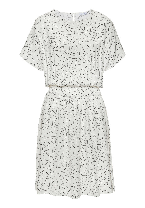 Bild: Sommerkleid von LASCANA: Modisches Sommerkleid von Lascana mit grafischem Druck. Lockerer Schnitt mit überschnittenen Ärmeln. Breiter Smokeinsatz in der Taille. Figurumspielende Passform. Gewebte Viskose.