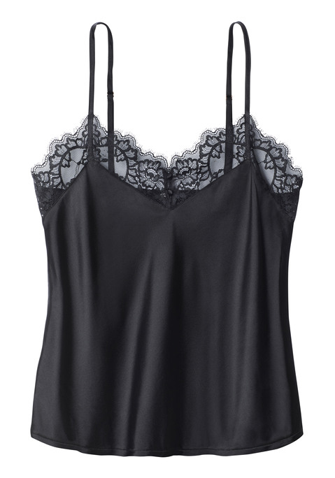 Bild: Spaghettitop von LASCANA: Feminines Seidentop aus edler Qualität. Florale, dezent transparente Spitze am Dekolleté. Einzigartige Knöpfchen in der vorderen Mitte. Mit passenden Unterteilen aus der gleichen Serie erhältlich. Mit Liebe & Leidenschaft in Hamburg kreiert. Sexy Dessous. Spitzen-Dessous. Romantische Dessous. Verspielte Dessous. Obermaterial: 87% Seide, 7% Polyamid, 6% Elasthan.
