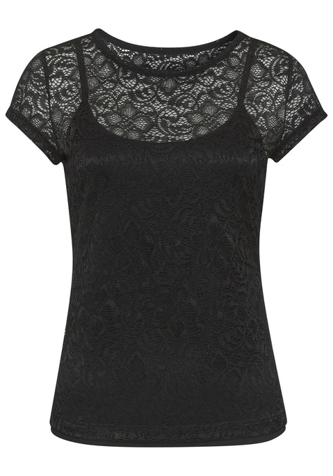 Bild: Spitzenshirt von LASCANA: Zweiteiliges Strandshirt von Lascana mit Blumenmuster. Spitzenshirt mit kurzen Ärmeln und rundem Halsausschnitt, kombiniert mit einem Trägertop zum Drunterziehen. Lockere Passform. Schön für viele Sommer-Looks.  Aus weicher, elastischer Spitze sowie Single-Jersey.