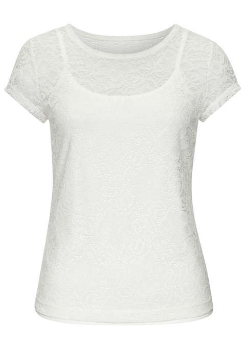 Bild: Spitzenshirt von LASCANA: Zweiteiliges Strandshirt von Lascana mit Blumenmuster. Spitzenshirt mit kurzen Ärmeln und rundem Halsausschnitt, kombiniert mit einem Trägertop zum Drunterziehen. Lockere Passform. Schön für viele Sommer-Looks.  Aus weicher, elastischer Spitze sowie Single-Jersey.