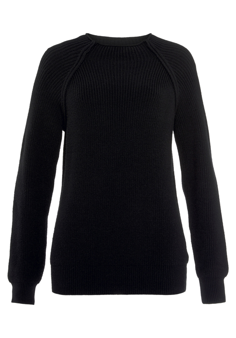 Bild: Stehkragenpullover von LASCANA: Pullover von LASCANA aus weichem Rippstrick mit kleinem Stehkragen. Raglanärmel mit Ellenbogen-Patches. Länge ca. 60 cm. Weiche Strickqualität.