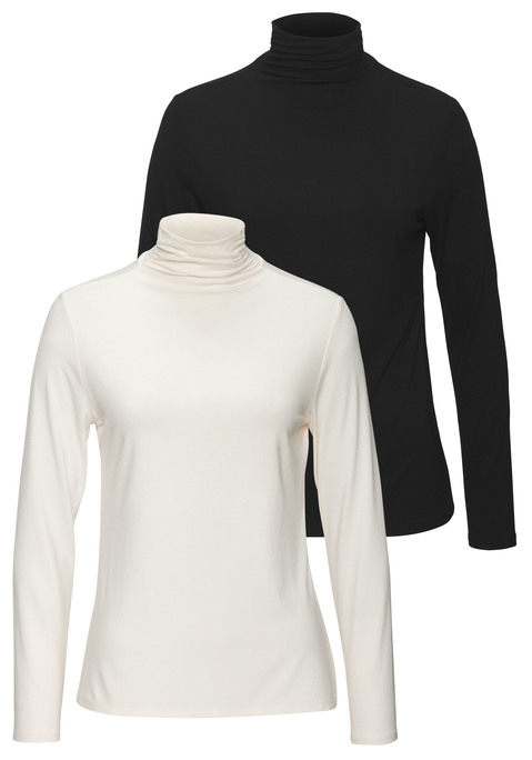 Bild: Stehkragenshirt von LASCANA: Longsleeve von Lascana im praktischen 2er-Pack. Eng anliegender Stehkragen mit Raffungen. Figurnahe Passform. Bequemer Viskosejersey mit weichem Griff und Stretchfaktor.