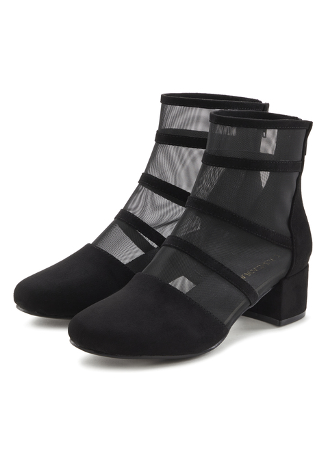 Bild: Stiefelette von LASCANA: Elegante Stiefelette von Lascana. Die Besonderheit: modische Mesh-Einsätze. Leicht transparent für dezente Eleganz. Mit bequemem Blockabsatz für hohen Tragekomfort. Ideal für Party, Büro oder besondere Anlässe. Passt ideal zu Jeans, Kleidern und Röcken.