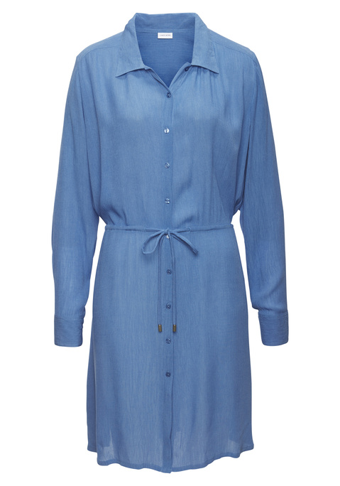Bild: Strandkleid von LASCANA: Hemdblusenkleid von Lascana. Durchgehende Knopfleiste vorne. Lange Ärmel mit Manschette. Variabler Tunnelzug in der Taille. Kniefrei. In leichter Crepe-Qualität.