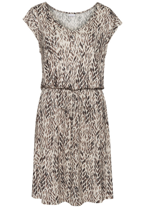 Bild: Strandkleid von LASCANA: Druckkleid von Lascana. Allovermuster. Kurze Flügelärmel. Gummizug in der Taille mit Zierband. Teilungsnaht mit leichten Raffungen. Weich fließende Viskoseware. Rückenlänge ca. 90cm.