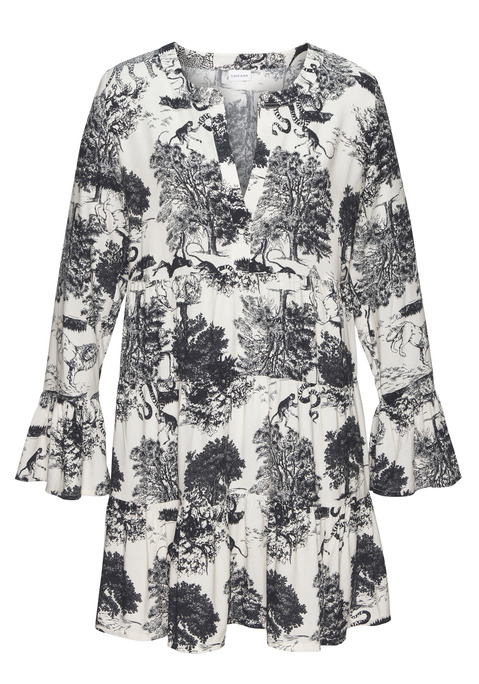 Bild: Strandkleid von LASCANA: Tunikakleid von Lascana mit Alloverdruck. Lange Ärmel und gestufte Einsätzen im Rockteil. Aus weicher, gewebter Viskose.