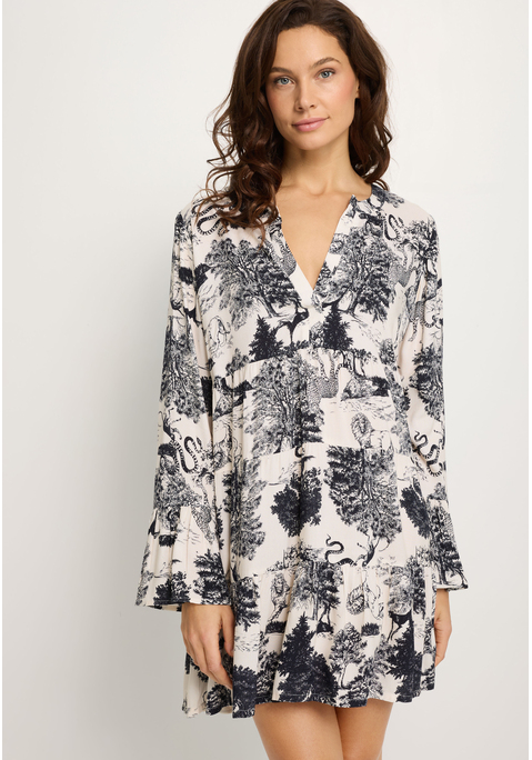 Bild: Strandkleid von LASCANA: Tunikakleid von Lascana mit Alloverdruck. Lange Ärmel und gestufte Einsätzen im Rockteil. Aus weicher, gewebter Viskose.