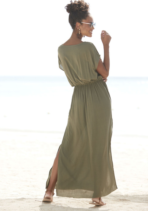 Bild: Strandkleid von LASCANA: Maxikleid von Lascana. Runder Halsausschnitt. Überschnittene Schulter und kurze Ärmel. Gummizug in der Taille mit Zierkordel. Hohe Schlitze seitlich. Ideal für Urlaub und Freizeit. Leichtes, trageangenehmes Material.