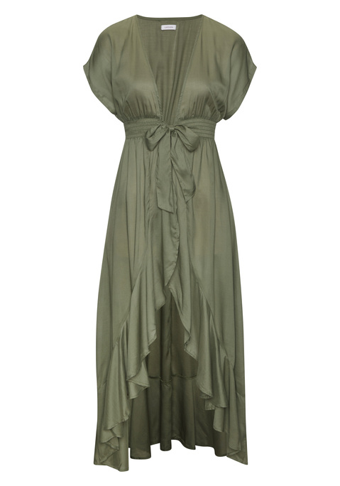 Bild: Strandkleid von LASCANA: Kleid von LASCANA mit Volant am Saum. Tiefer V-Ausschnitt und 2 Bänder zum Binden – auch lässig offen tragbar. Smokpart in der Taille. Rocklänge ca. 98 cm. Supersofte Qualität aus 100% Modal.