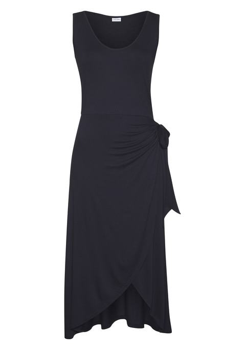 Bild: Strandkleid von LASCANA: Midikleid von Lascana mit raffinierter Wickeloptik. Eng anliegendes Oberteil mit tiefem Rundhalsausschnitt und Tanktopträgern. Ausgestelltes Rockteil mit abgerundetem Saum und seitlicher Drapierung. Weich fließender Viskosejersey.