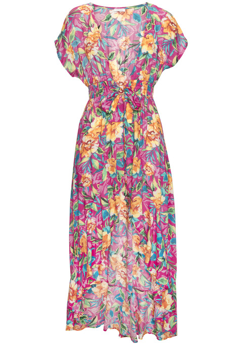 Bild: Strandkleid von LASCANA: Modisches Kleid von Lascana mit buntem Alloverprint, jedes Teil ein Unikat. Tiefer Vorderausschnitt. Gesmokte Taille mit Bindeband für eine gute Figur. Locker fallende Volants. Luftige Webware.