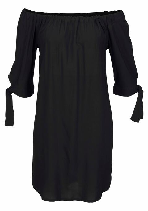 Bild: Strandkleid von LASCANA: Unifarben oder gestreift. Im Carmenstil mit breitem elastischem Abschluss am Ausschnitt. ¾-lange Ärmel mit seitlichem Band zum Knoten. Hinten etwas länger geschnitten als vorn. Leicht gerundeter Saum mit seitlichen Schlitzen. Rückenlänge ca. 84 cm.  Weiche Qualität aus 100% gewebter Viskose.