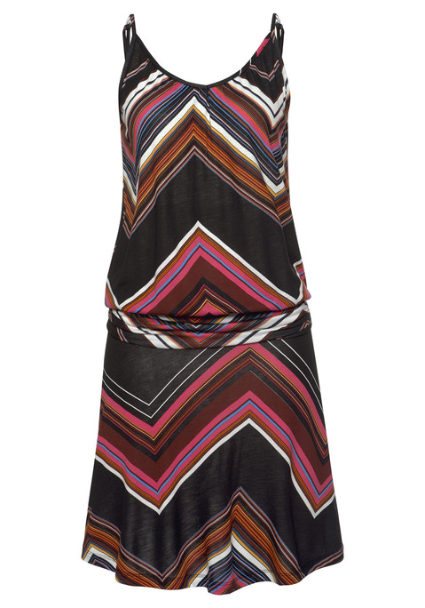 Bild: Strandkleid von LASCANA: Strandkleid mit Zick-zack-Muster, jedes Teil ein Unikat. Verstellbare Spaghettiträger. Raffung im Hüftbereich. Rocklänge ca. 38 cm. Aus 100% Viskose.