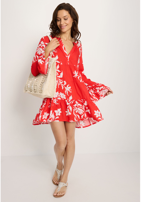 Bild: Strandkleid von LASCANA: Romantische Longbluse von Lascana im kurzen Tunika-Stil mit langen Ärmeln. Mit schönem V-Ausschnitt und gestuften Einsätzen im Rockteil. Allover bedruckt, jedes Teil ein Unikat. Aus weicher, gewebter Viskose.