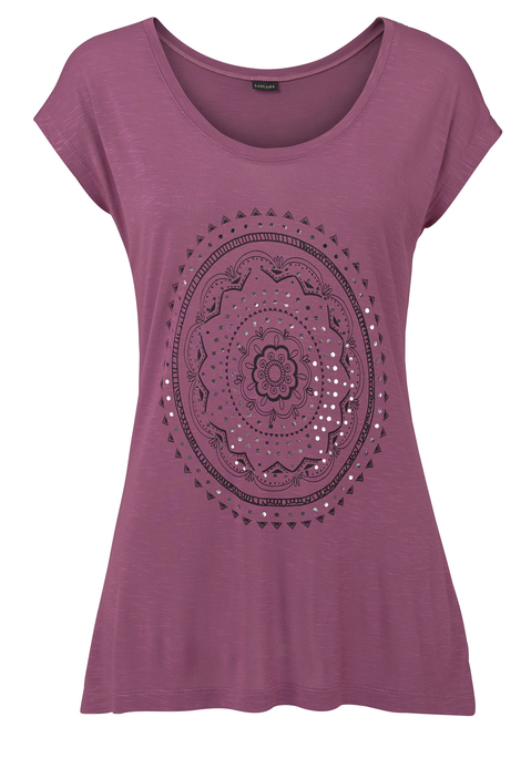 Bild: Strandshirt von LASCANA: Rundhalsshirt mit glänzendem Frontdruck. Kurze Ärmel. Lockere Passform. Gerader Saumabschluss. Fein strukturierte Viskosequalität.