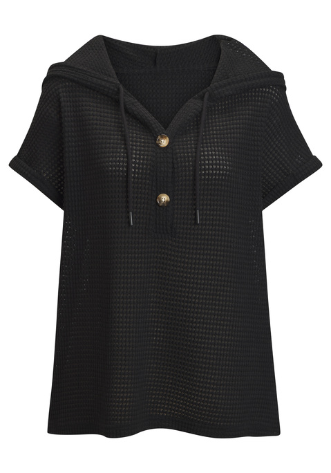 Bild: Strandshirt von LASCANA: T-Shirt von Lascana aus leicht transparentem Waffelstrick. Kapuze mit Kordelzug. Kurze Knopfleiste. Legere Passform für viel Komfort. Passt super zu Casual-Looks. Weiche Qualität mit recyceltem Polyester.