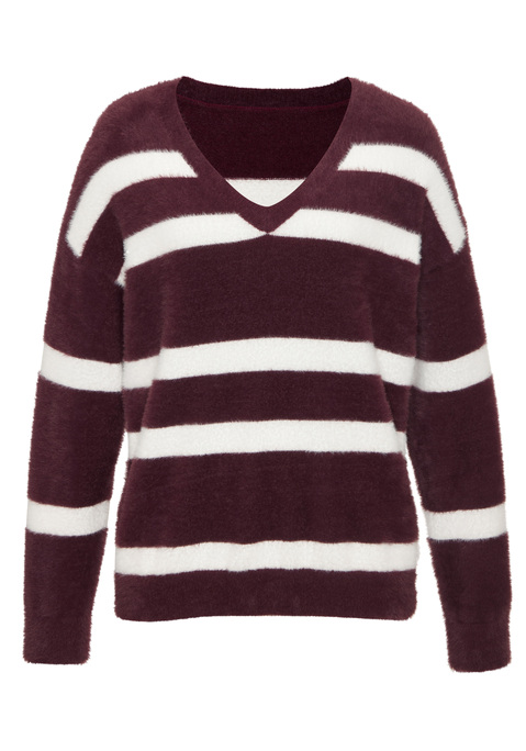 Bild: Streifenpullover von LASCANA: <h3>Stylischer Streifenpullover mit V-Ausschnitt von <strong>LASCANA</strong></h3>
<p>
Der modische Streifenpullover von <strong>LASCANA</strong> überzeugt durch einen eleganten V-Ausschnitt, der ihm eine zeitlose Note verleiht. Die überschnittenen Schultern sorgen für eine entspannte Silhouette, während der gerade Saumabschluss das Gesamtbild harmonisch abrundet. Die lockere Passform garantiert nicht nur Bequemlichkeit, sondern auch einen lässigen Look, der sich vielseitig kombinieren lässt. 
</p>

<h4>Details und Materialeigenschaften</h4>
<p>
Dieser Pullover zeichnet sich durch seine flauschige Strickqualität aus, die für ein angenehmes Tragegefühl sorgt. Die langen Ärmel mit Bündchen bieten zusätzlichen Komfort und Wärme. Mit seinem gestreiften Design ist der Pullover nicht nur modisch, sondern auch ein echter Blickfang. Die pflegeleichte Beschaffenheit ermöglicht eine unkomplizierte Maschinenwäsche, was ihn perfekt für den Alltag macht.
</p>

<h4>Outfit-Tipps und Trageanlässe</h4>
<p>
Der Streifenpulli lässt sich hervorragend zu lässigen Jeans oder einer eleganten Stoffhose kombinieren. Für einen entspannten Streetwear-Look können Sneakers oder trendige Ankle Boots gewählt werden. Er eignet sich ideal für Freizeitaktivitäten, entspannte Tage zu Hause oder sogar für den Besuch eines Cafés.
</p>

<p>
Ein unverzichtbares Kleidungsstück, das Stil und Komfort vereint – der Streifenpullover von <strong>LASCANA</strong> ist die perfekte Wahl für viele Gelegenheiten!
</p>
