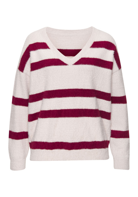 Bild: Streifenpullover von LASCANA: Pullover von Lascana mit Streifenmuster. V-Ausschnitt und lange Ärmel mit Bündchen. Überschnittene Schulternähte für eine entspannte Passform. Gerader Saum mit Bündchen. Locker geschnitten. Flauschige Strickware.