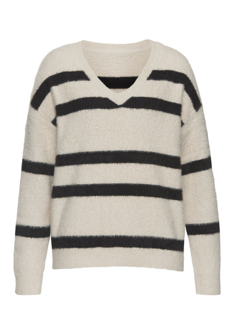 Bild: Streifenpullover von LASCANA: Pullover von Lascana mit Streifenmuster. V-Ausschnitt und lange Ärmel mit Bündchen. Überschnittene Schulternähte für eine entspannte Passform. Gerader Saum mit Bündchen. Locker geschnitten. Flauschige Strickware.