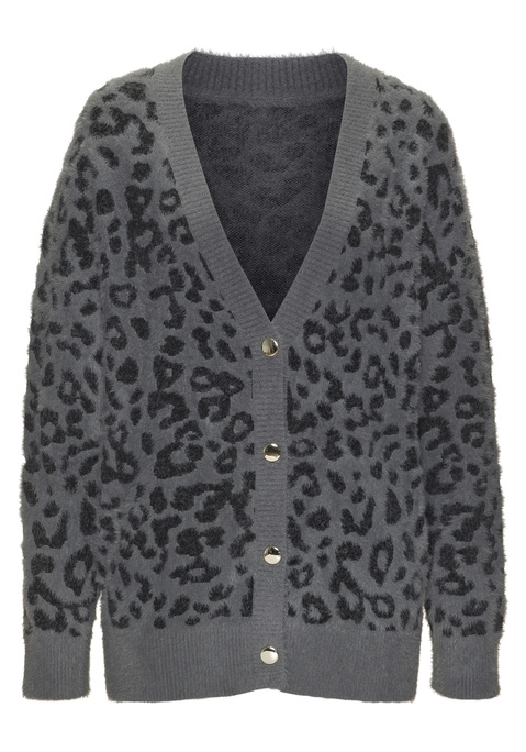 Bild: Strickjacke von LASCANA: Strickjacke von Lascana mit Leomuster. Tiefliegender V-Ausschnitt. Silberfarbene Knöpfe. Rippstrickabschlüsse. Leichter Oversize-fit, hüftlang. Weiche Qualität mit Flausch-Effekt.
