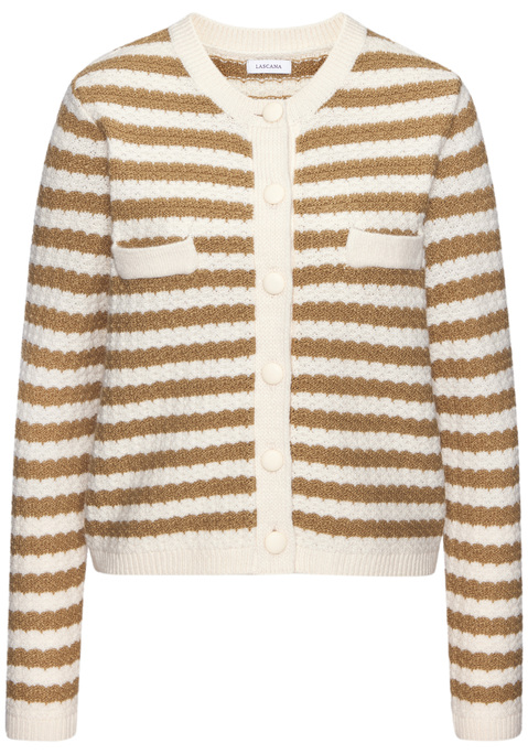 Bild: Strickjacke von LASCANA: Modische langärmelige Strickjacke von Lascana in frischer Streifenoptik. Matte Knöpfe und kleine Ziertaschen vorn auf der Brust. Vielseitig kombinierbar zu Hosen und Röcken. Weiche Strickqualität.