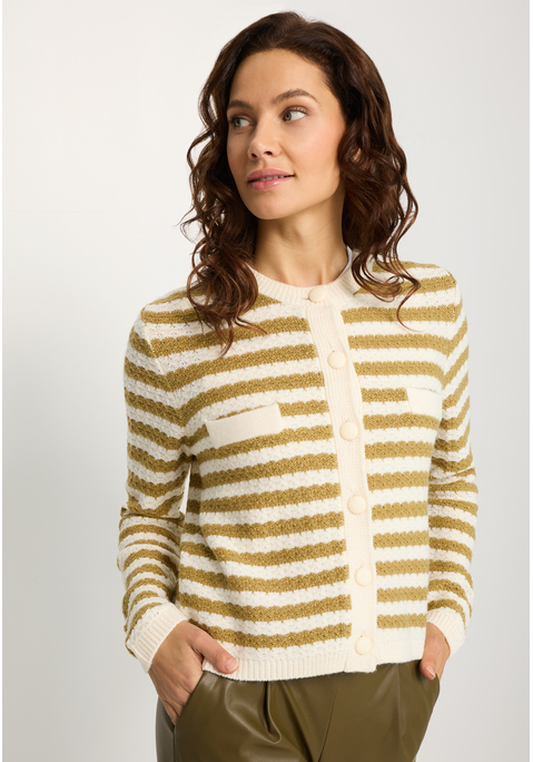 Bild: Strickjacke von LASCANA: Modische langärmelige Strickjacke von Lascana in frischer Streifenoptik. Matte Knöpfe und kleine Ziertaschen vorn auf der Brust. Vielseitig kombinierbar zu Hosen und Röcken. Weiche Strickqualität.