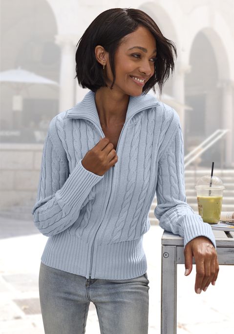 Bild: Strickjacke von LASCANA: Strickjacke von Lascana mit Umlegekragen, Reißverschluss vorn, langen Ärmeln und breiten Rippabschlüssen. Trageangenehmer, weicher Baumwoll-Mix.