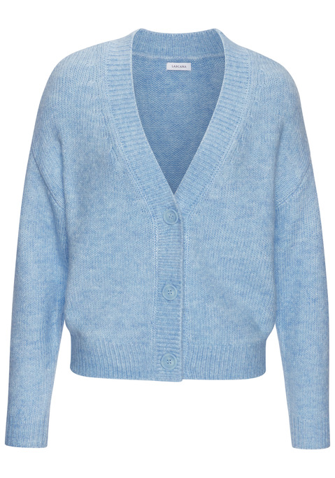 Bild: Strickjacke von LASCANA: Kombistarke Strickjacke von Lascana. Kurzer Schnitt mit markant gerippten Bündchen. Tiefer V-Ausschnitt und Knopfleiste. Überschnittene Schultern und lange Ärmel. Für einen entspannten Casual Look. Kuschelige Strickqualität.