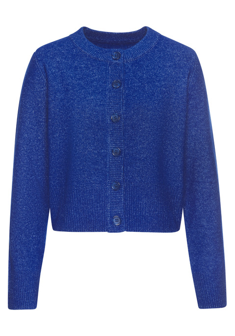 Bild: Strickjacke von LASCANA: Kurz geschnittene Strickjacke von Lascana in figurumspielender Passform. Lange Ärmel mit kleinem Schlitz am Saum. Mit rundem Halsausschnitt und durchgehender Knopfleiste. Gerippte Abschlüsse an Ausschnitt, Ärmeln und Saum. Sehr weicher, anschmiegsamer Strick.