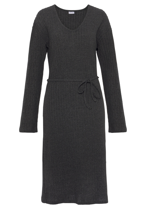 Bild: Strickkleid von LASCANA: Langes Rippkleid von Lascana in Rippoptik. Tiefer V-Ausschnitt. 3/4-lange Ärmel mit überschnittenen Schulternähten. Schmaler Bindegürtel auf Taillenhöhe. Figurbetonte Passform. Weiche Qualität.