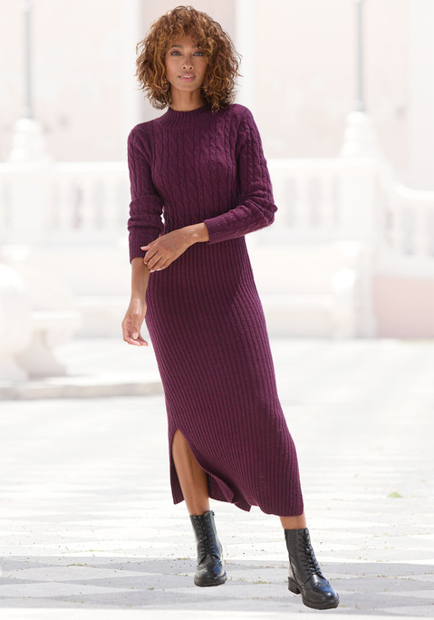Bild: Strickkleid von LASCANA: Elegantes Strickkleid von Lascana mit partiellem Zopfmuster. Stehkragen. Midilanges, schmal geschnittenes Rockteil mit seitlichem Schlitz. Pflegeleichte Strickqualität mit weichem Griff.