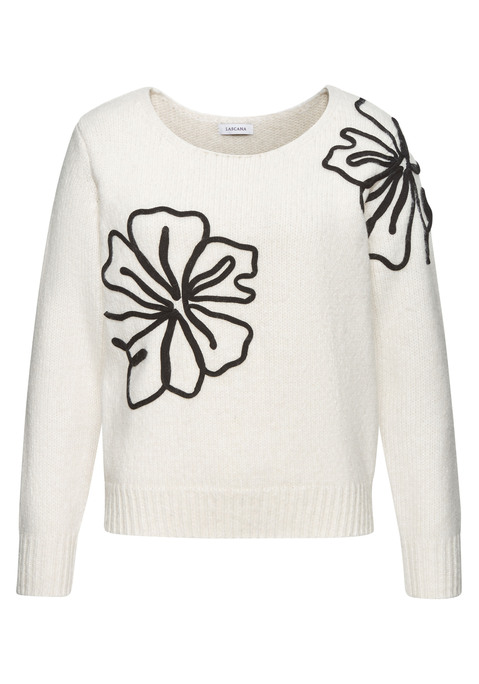Bild: Strickpullover von LASCANA: Kuscheliger Strickpullover von Lascana mit hübschem floralem Motiv. Weiter Rundhalsausschnitt und Rippbündchen. Weiche, wärmende Strickware mit Wollanteil.