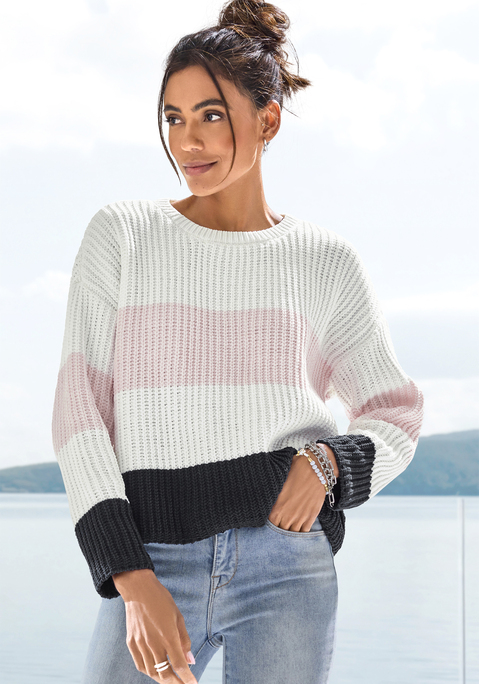 Bild: Strickpullover von LASCANA: Weicher Strickpullover von Lascana. Mit Blockstreifen. Überschnittene Schultern. Rundhalsausschnitt. Legere Passform. Rückenlänge ca. 58 cm.