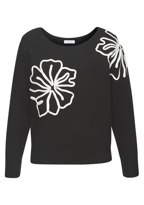 Bild: Strickpullover von LASCANA: Kuscheliger Strickpullover von Lascana mit hübschem floralem Motiv. Weiter Rundhalsausschnitt und Rippbündchen. Weiche, wärmende Strickware mit Wollanteil.