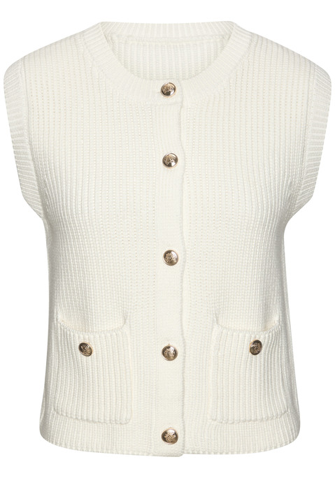 Bild: Strickweste von LASCANA: Elegante Strickweste von Lascana mit glänzenden Knöpfen. Kleine, aufgesetzte Taschen auf der Vorderseite mit Zierknöpfen. Mit Rundhalsausschnitt. Gerade Passform. Trageangenehme Strickqualität mit Baumwolle.