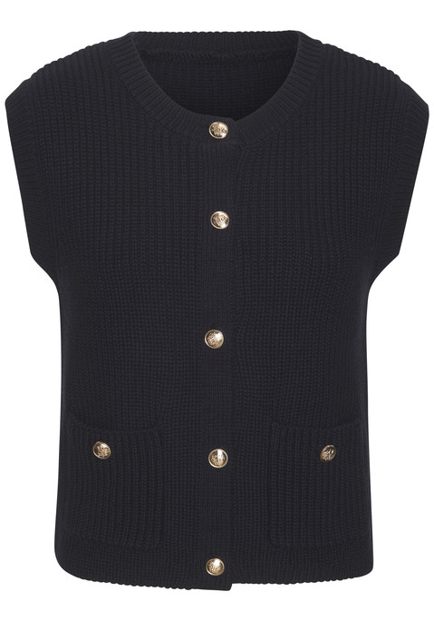 Bild: Strickweste von LASCANA: Elegante Strickweste von Lascana mit glänzenden Knöpfen. Kleine, aufgesetzte Taschen auf der Vorderseite mit Zierknöpfen. Mit Rundhalsausschnitt. Gerade Passform. Trageangenehme Strickqualität mit Baumwolle.