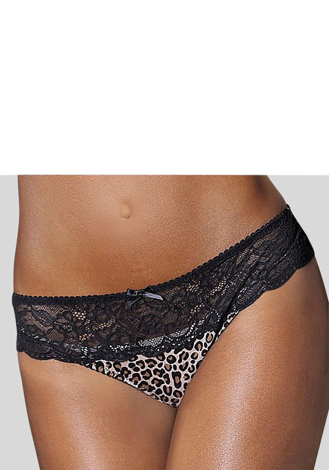 Bild: String von LASCANA: Sexy String mit Einsatz im Leoprint. Breites Bündchen und Rückteil aus Spitze. Mit kleiner Zierschleife in der vorderen Mitte. Mit eingearbeitetem Baumwollzwickel. Mit passendem BH aus der gleichen Serie erhältlich. Obermaterial: 47% Polyester, 40% Polyamid, 13% Elasthan.